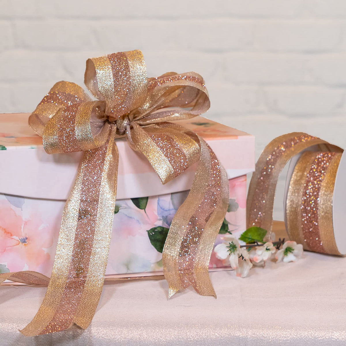 Morex Ribbon 7724.60/20-430 Dimensions Wired Ribbon Dimensions Ribbon, Blush/Gold,Blush,2-1/2" x 20 yd