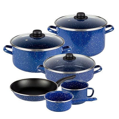 Ekco | Batería de Cocina 9 Pzas Acero Esmaltado para Inducción Azul | Compatible con inducción, Tapas de vidrio, Fácil limpieza, Asas ergonómicas, Calentamiento uniforme, Alta durabilidad