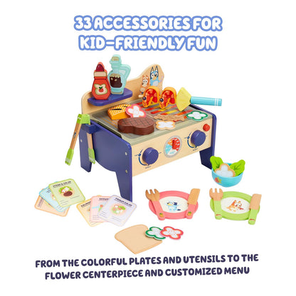 Bluey 8th Wonder - Juego de Juguetes de Madera para Ensalada y Parrilla de Barbacoa, Juego de 33 Piezas, con Pinzas, Alimentos y 6 Tarjetas de Receta, Juguetes de Cocina para niños a Partir de 3 años