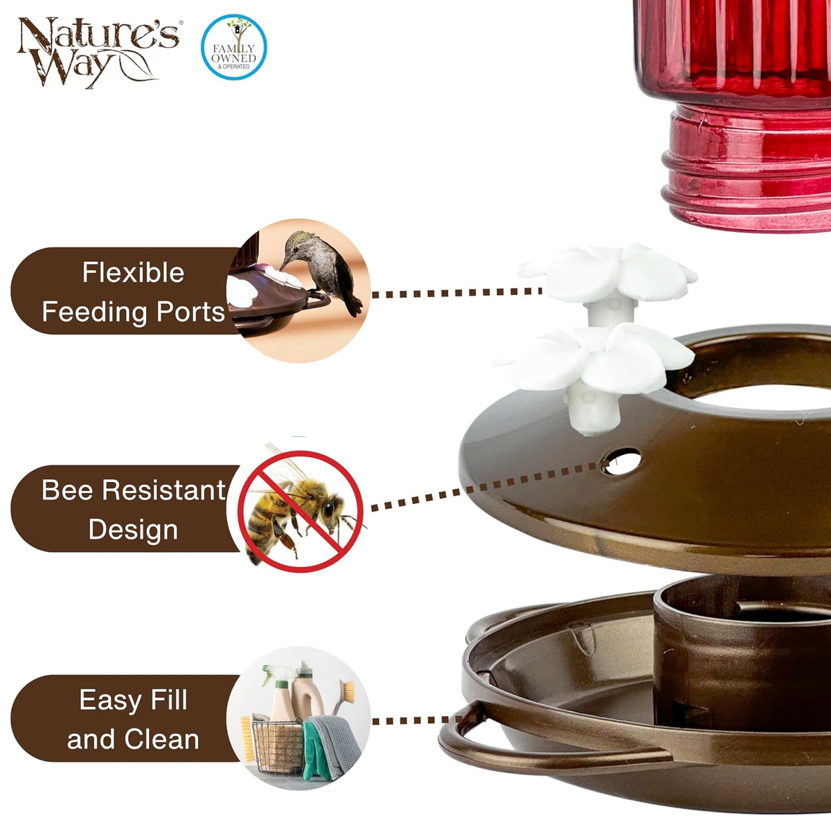 Nature's Way - Alimentador de colibrí de Vidrio Colgante para decoración al Aire última intervensión, 22 onzas de Capacidad, 4 Puertos Flexibles fáciles de Limpiar, Color Rojo