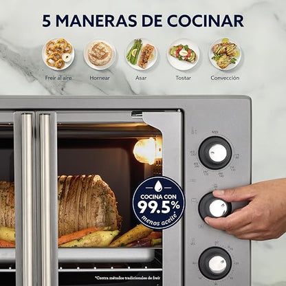 Oster Horno Eléctrico, con Freidora de Aire, 35 L de Capacidad, Para Hornear, Asar, Tostar, Freír al Aire, y Convección, Pollo y Más, Temporizador 60 Minutos, Accesorios, Gris, TSSTTV35FDMAFNS-1MX