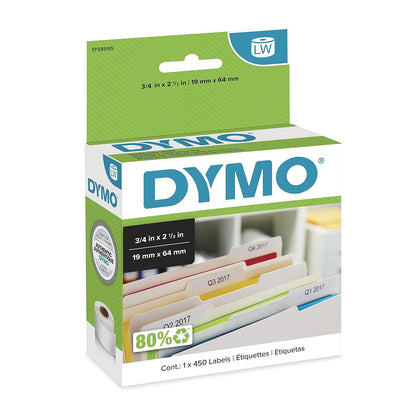 DYMO LW 1-Up etiquetas de carpeta de archivos para impresoras de etiquetas LabelWriter, blanco, 9/16 pulgadas x 3-7/16 pulgadas, 2 rollos de 130 (30327), Blanco, 3/4'' x 2 1/2''