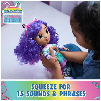 Gabby's Dollhouse, Sing & Celebrate Gabby Girl Muñeca, 13 Pulgadas de Alto con Efectos de Sonido y Orejas de Gato Reversibles, Juguetes para niños para niñas y niños a Partir de 3 años