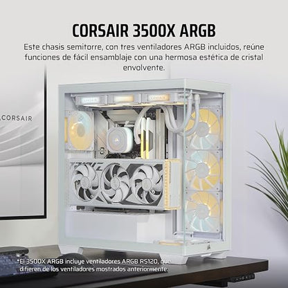 CORSAIR 3500X ARGB Media-Torre ATX Caja de PC de Doble Cámara - Cristal Templado Panorámico - Compatible Placa Base de Conexión Inversa - 3x Ventiladores CORSAIR RS120 ARGB Incluidos - Blanco