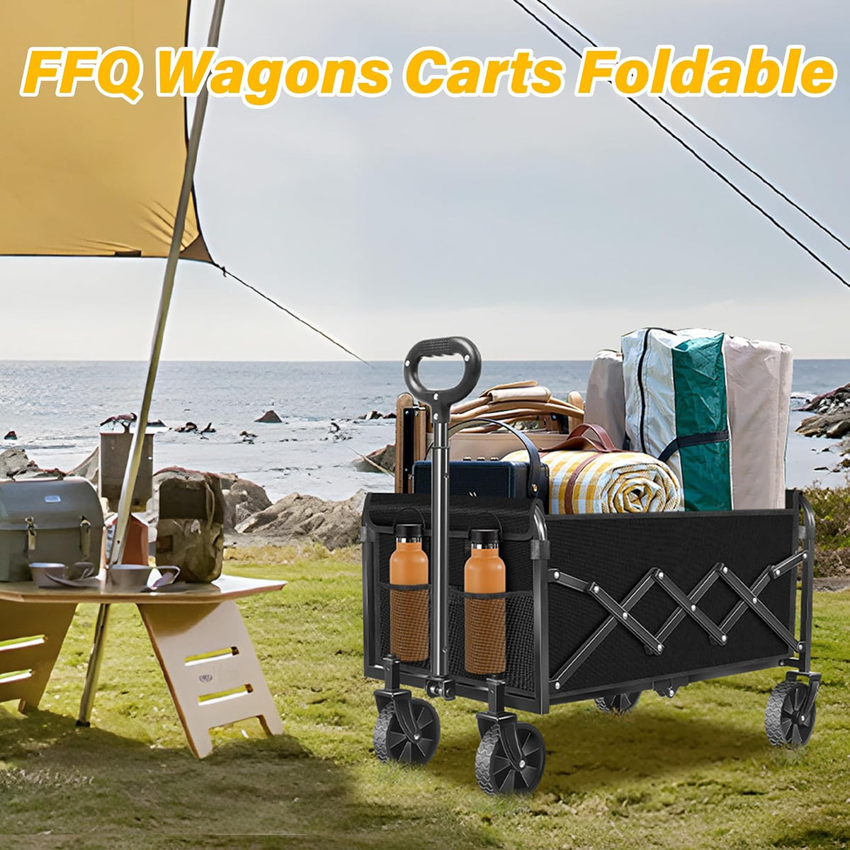 Carro Plegable, Carro Plegable con Ruedas Todo Terreno y 2 portavasos, carros Plegables Ligeros y portátiles para Playa, Camping, comestibles, jardín Deportivo, 360 Libras/Negro