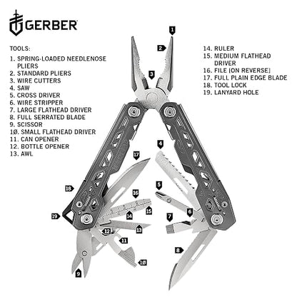 Gerber Bear Grylls Ultimate - Herramienta multiusos | Multiherramienta EDC 17 en 1, alicates de punta de aguja, cuchillo, destornillador, funda incluida, camping y pesca