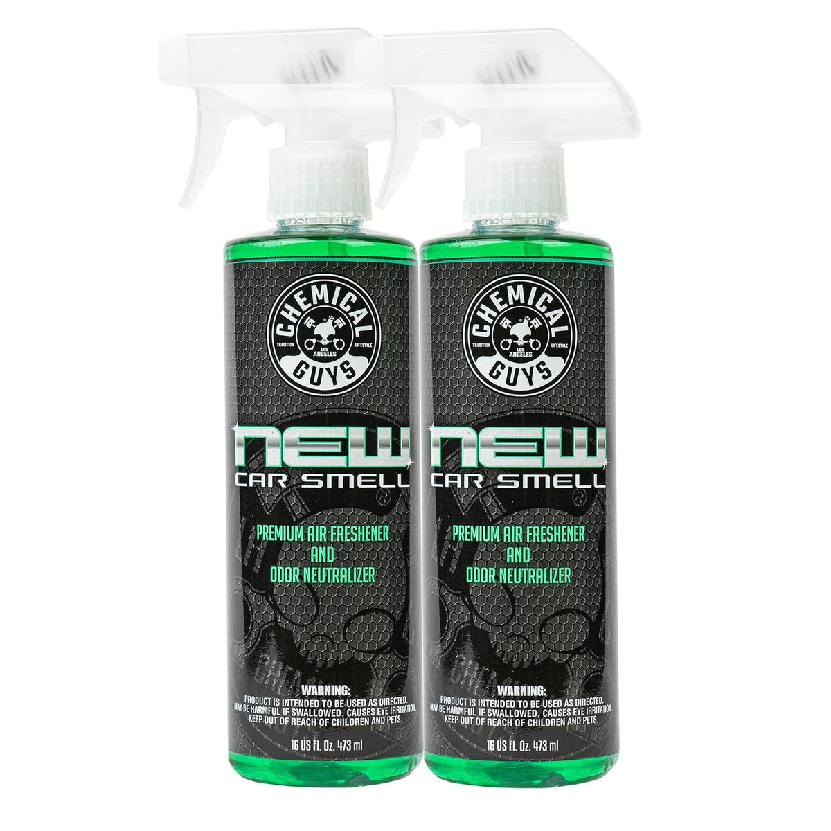 Chemical Guys New Car Smell Ambientador y Eliminador de Olores Premium, Aroma Duradero, Ideal para Automóviles, Camiones, Todoterrenos, Autocaravanas y Más, 2 x 473 ml