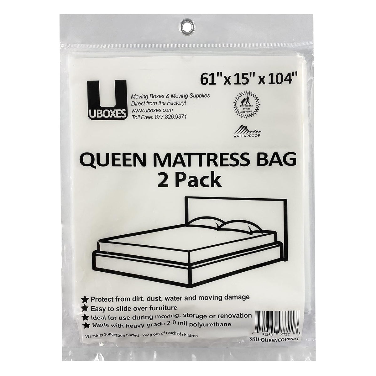 UBOXES Cubiertas/Bolsas de colchón de tamaño Queen, de 155 cm x 38 cm x 228 cm, Suministros de mudanza (Queencover02)
