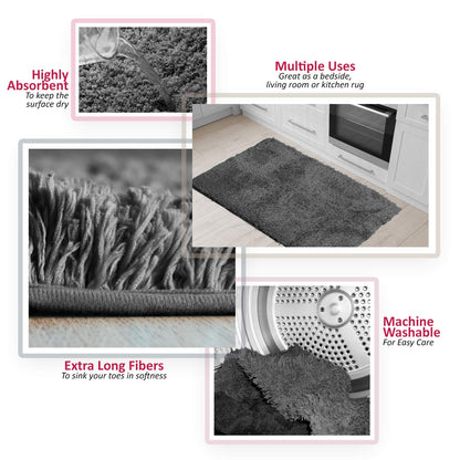 Clara Clark - Alfombra de baño de Pelo Largo con Base Antideslizante de Goma Supersuave, Gris, Set de 3 Piezas, 1