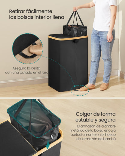 SONGMICS Cesto Ropa Sucia, 150 L, Cesta de Colada de 2 Compartimentos, para Lavadero, Dormitorio, Salón, Negro Tinta y Beige Natural MLCB523B01