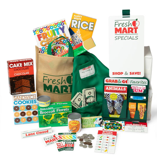 Melissa & Doug Colección de Accesorios del Supermercado Fresh Mart ¡Comestibles, Revistas, Dinero de Juguete y Mucho Más! Juguete Creativo (25.4 cm alto x 8.89 cm ancho x 34.925 cm largo)