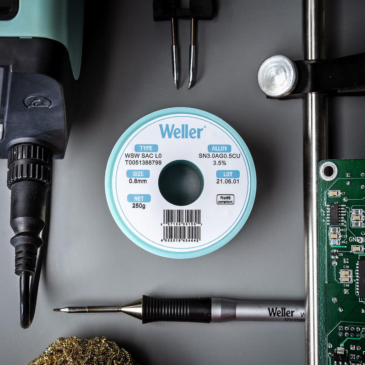 Weller WSW SCN M1 (T0051404799) Alambre de soldadura, diámetro: 0,5 mm / 0,020 in, peso: 100 g / 3,527 oz, aleación Sn99.3Cu0.6Ni0.05, contenido de flujo 3,5%