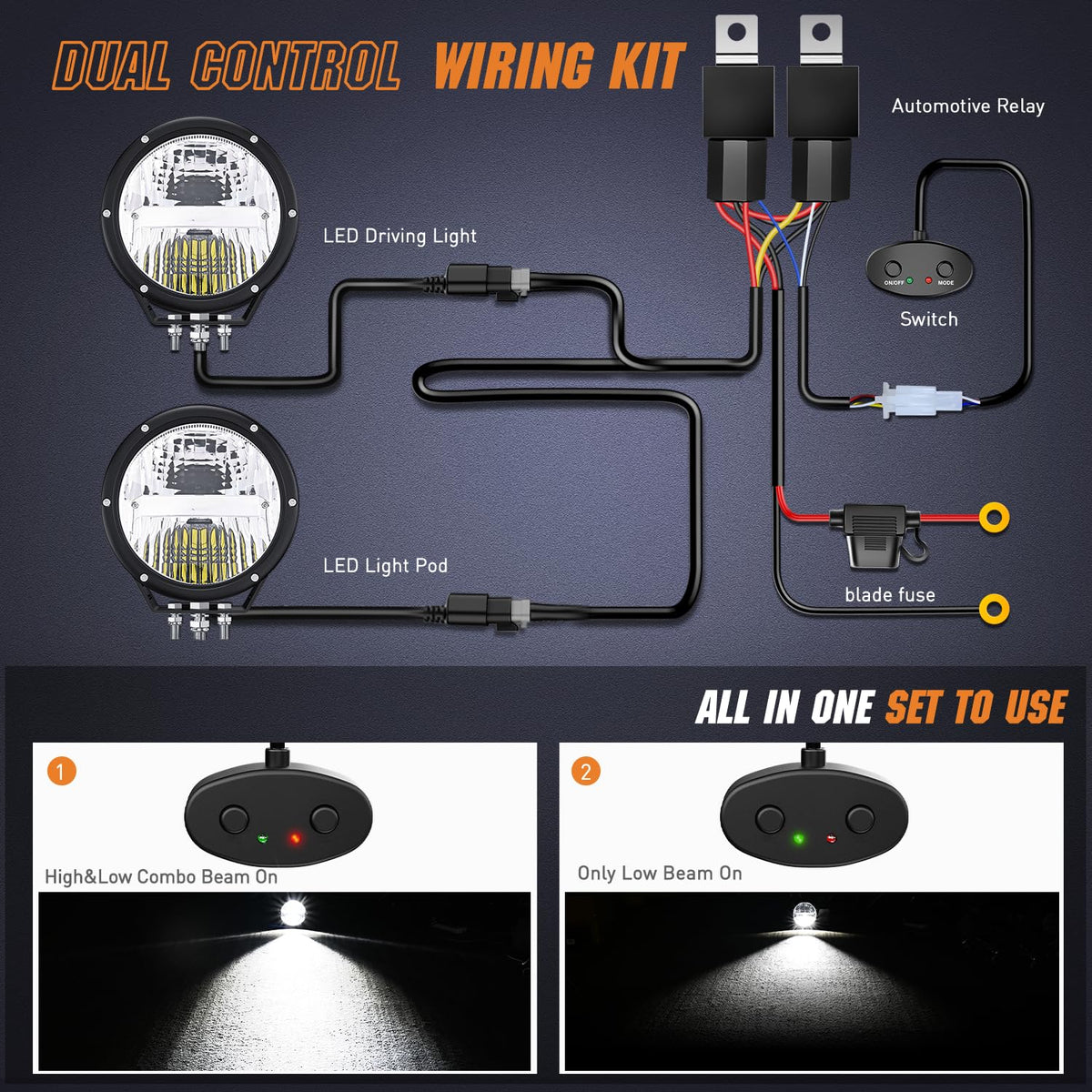 Nilight 7 Inch Round Offroad Lights 2 PCS 120 W High Low Beam IP68 LED Driving Pods Built-in EMC with 14AWG DT Connector Wiring Harness Kit for Truck ATV UTV SUV
