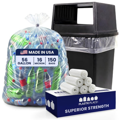 Plasticplace 55-60 gallon Trash Bags │ 22 Microns │ Clear High Density Garbage Can Liners │ 38” x 60” (150Count)