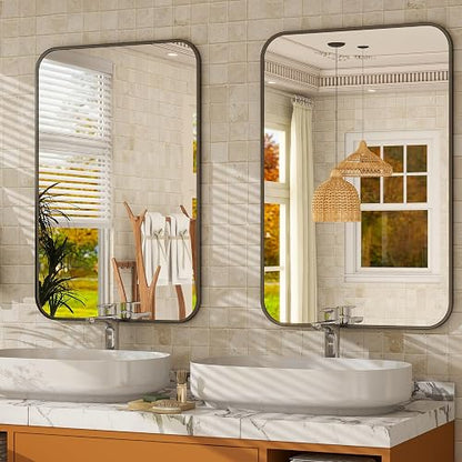 Easly - Espejo de baño de 20 x 28 pulgadas, espejo rectangular redondeado para pared, espejo moderno para decoración de habitaciones, espejos de pared con marco negro para decoración del hogar, cuelga
