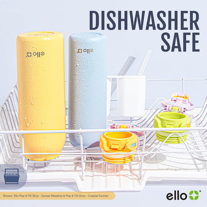 Ello Pop & Fill - Botella de agua de acero inoxidable de 22 onzas con tecnología de llenado rápido, doble pared y metal aislado al aspiradora, tapa de bloqueo a prueba de fugas, beber y chug,