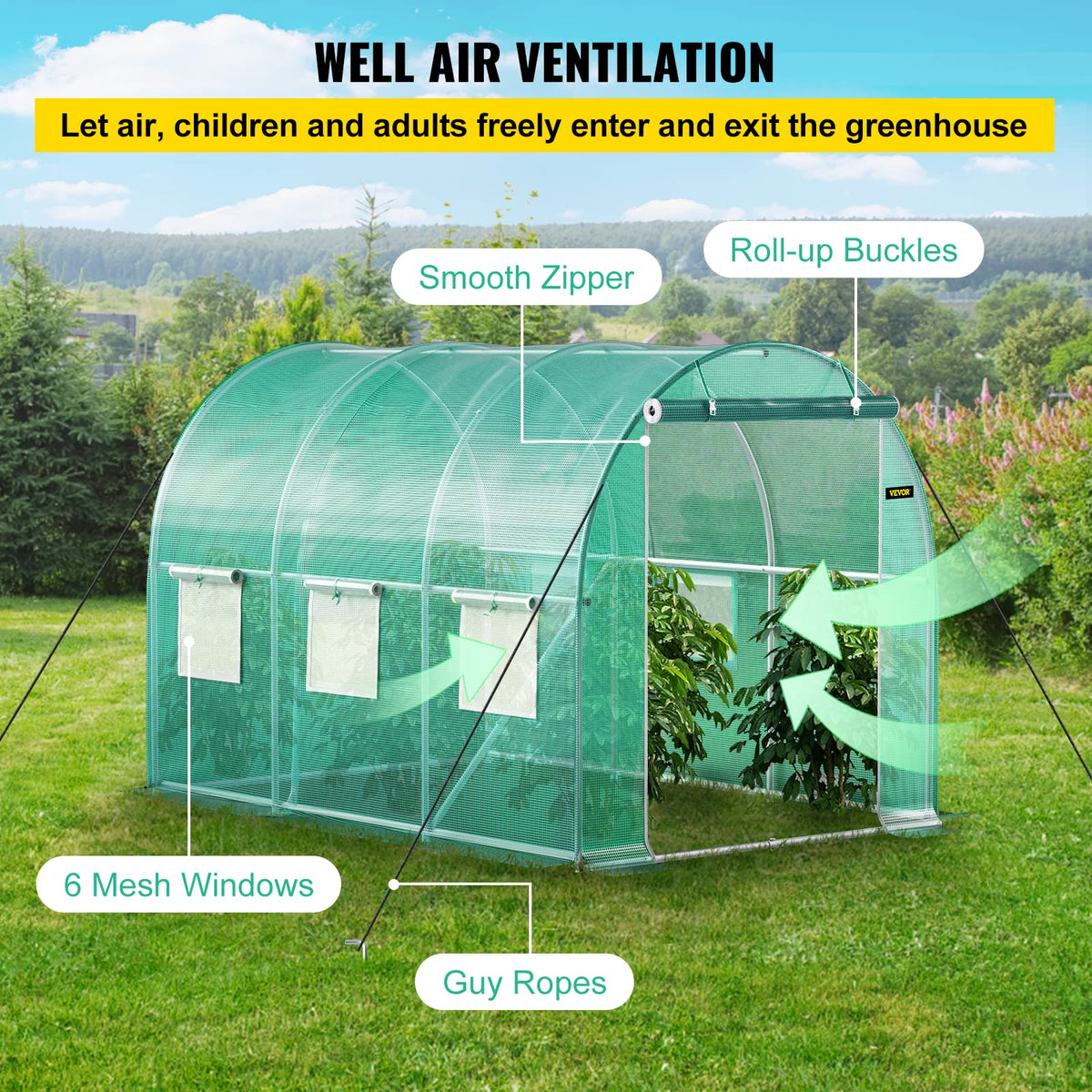 VEVOR - Invernadero de túnel para Uso en casa, 10 x 7 x 7 pies con Puerta con Cierre, 6 Ventanas enrollables, Aros de Acero galvanizado, 1 viga Superior y 2 Postes diagonales, Verde 10 x 7 x 7