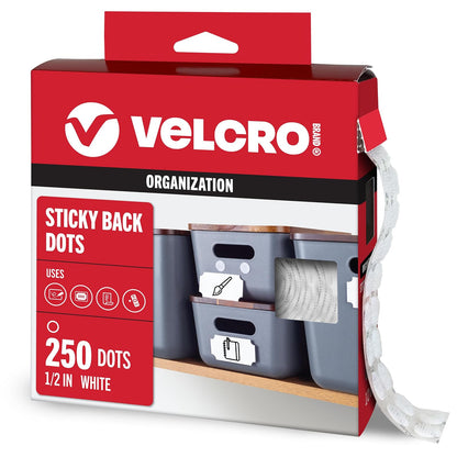 VELCRO Brand Dots with Adhesive | 250pk, White | Small 1/2 Inch Circles | Sticky Back Round Dots for Secure Mounting in Office, School or Home (VEL-30867-AMS) - Blanco - 1 - 2 Inch - 250Pk