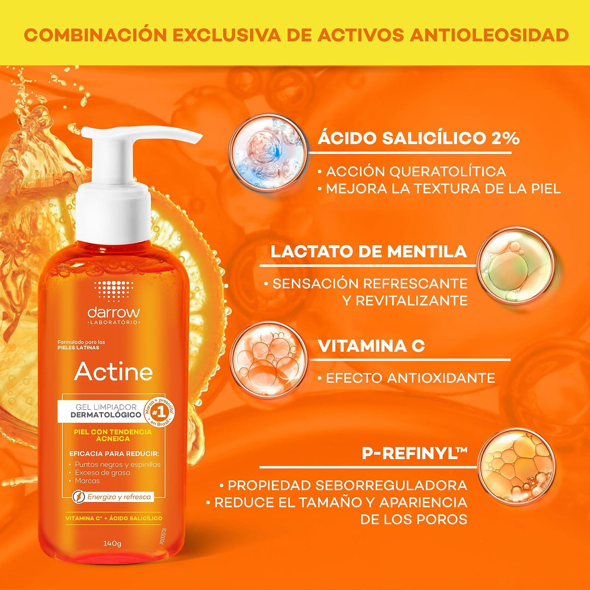 Darrow Actine Gel Limpiador Facial Vitamina C Piel Grasa y Acneica, 140g