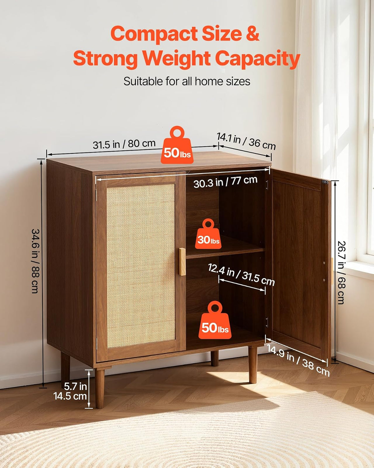VEVOR Aparador de Ratán con 2 Puertas Magnéticas 80 x 36 x 88 cm, Armario Auxiliar de Ratán con Estante Ajustable y Patas Elevadas de 14,5 cm, para Pasillo, Entrada, Salón, Cocina, Dormitorio