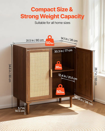 VEVOR Aparador de Ratán con 2 Puertas Magnéticas 80 x 36 x 88 cm, Armario Auxiliar de Ratán con Estante Ajustable y Patas Elevadas de 14,5 cm, para Pasillo, Entrada, Salón, Cocina, Dormitorio
