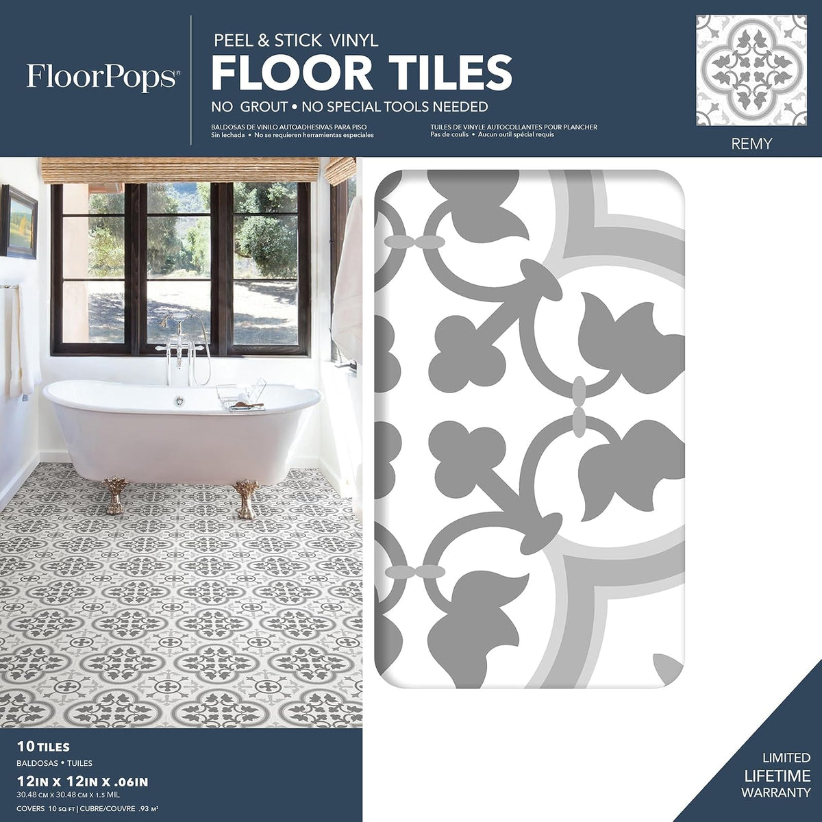 FloorPops FP2953 - Azulejos Remy, despegar y pegar, color gris