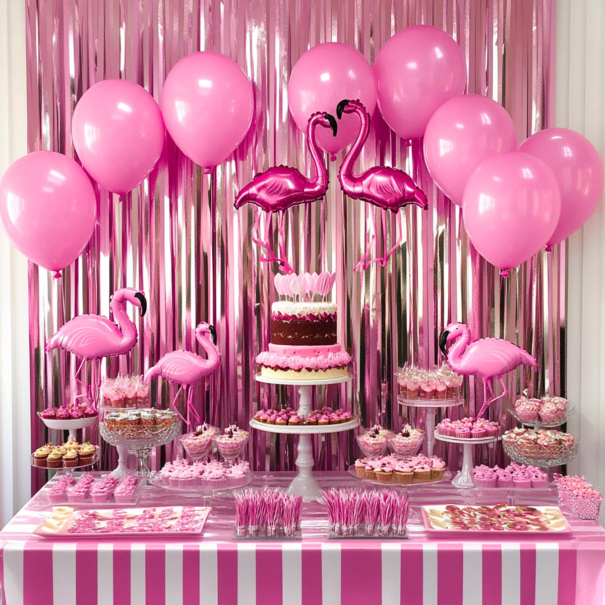 PartyWoo - Cortina de telón de Fondo de oropel Rosa de 9 pies, Cortina de Flecos de Aluminio para Baby Shower, Novia, Boda, Guepardo Rosa, Princesa, niña, Pijama, temática de cumpleaños, Fiesta
