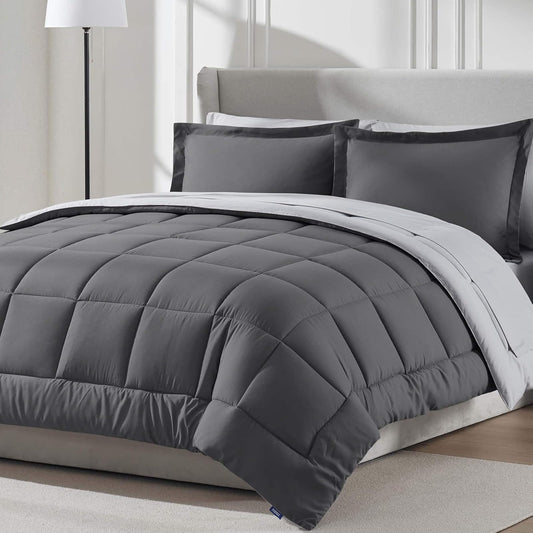 Nestl - Juego de edredón matrimonial de 7 Piezas – Cama Reversible Gris Oscuro en una Bolsa – Juego de Cama Completo de tamaño matrimonial con sábanas, Fundas de Almohada y Fundas de Almohada