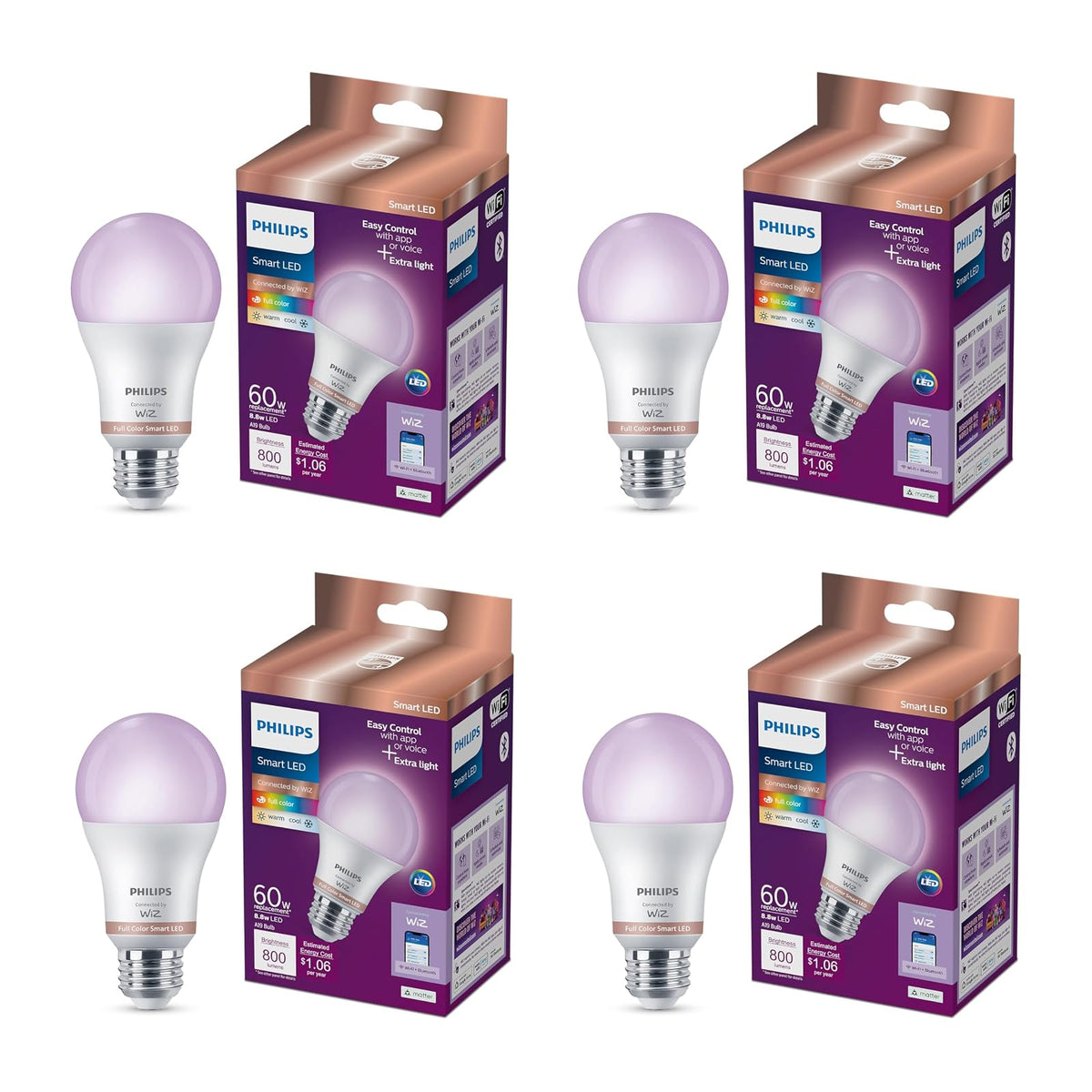Philips Foco LED Inteligente A Todo Color A19 60W | 4 unidades, 800 lm, E26 interior, automatización atardecer amanecer, detección movimiento, control voz aplicación