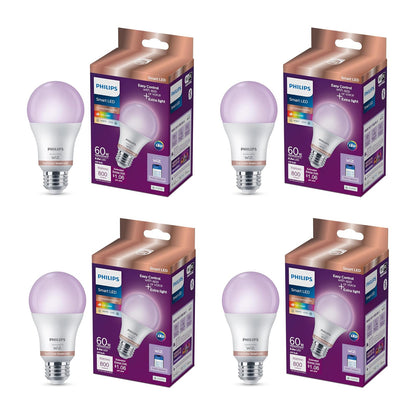 Philips Foco LED Inteligente A Todo Color A19 60W | 4 unidades, 800 lm, E26 interior, automatización atardecer amanecer, detección movimiento, control voz aplicación