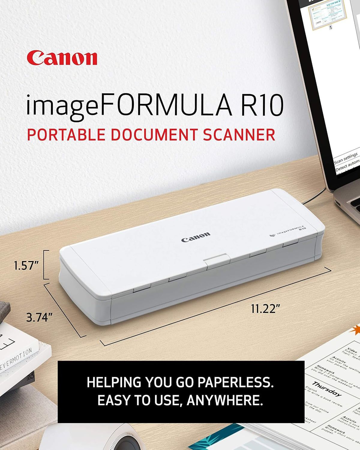 Canon imageFORMULA R10 Escáner de Documentos portátil, escaneo de 2 Caras con alimentador de 20 páginas, fácil configuración para el hogar u Oficina, Incluye Software, (4861C001)