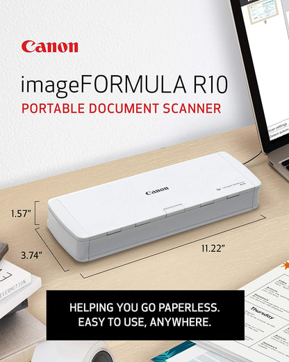 Canon imageFORMULA R10 Escáner de Documentos portátil, escaneo de 2 Caras con alimentador de 20 páginas, fácil configuración para el hogar u Oficina, Incluye Software, (4861C001)