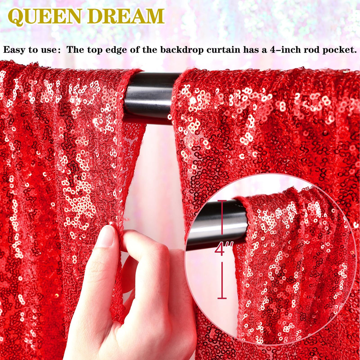 QueenDream Cortinas Rojas de Fondo de Lentejuelas de cumpleaños, Paquete de 3 Cortinas de 2 pies x 8 pies, Cortinas de Fondo para fotografía de Fiesta, Decoraciones de Navidad