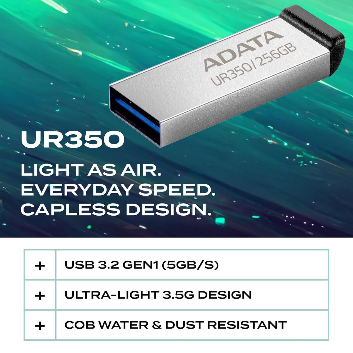 ADATA 256 GB Memoria Flash USB 3.2 Diseño sin Tapa Material Metalico (Modelo UR350-256G-RSR/BK)