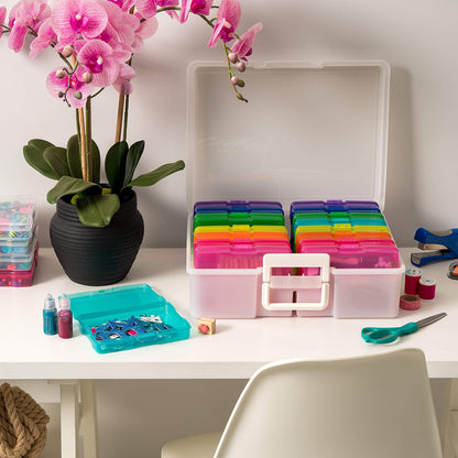 IRIS USA Caja Organizadora para Fotos, 16 Estuches, 2 Piezas, Perla/Multi | Compatible con fotos 4"x6", asa integrada, organizador para tareas, calcomanías, recortes y tarjetas didácticas
