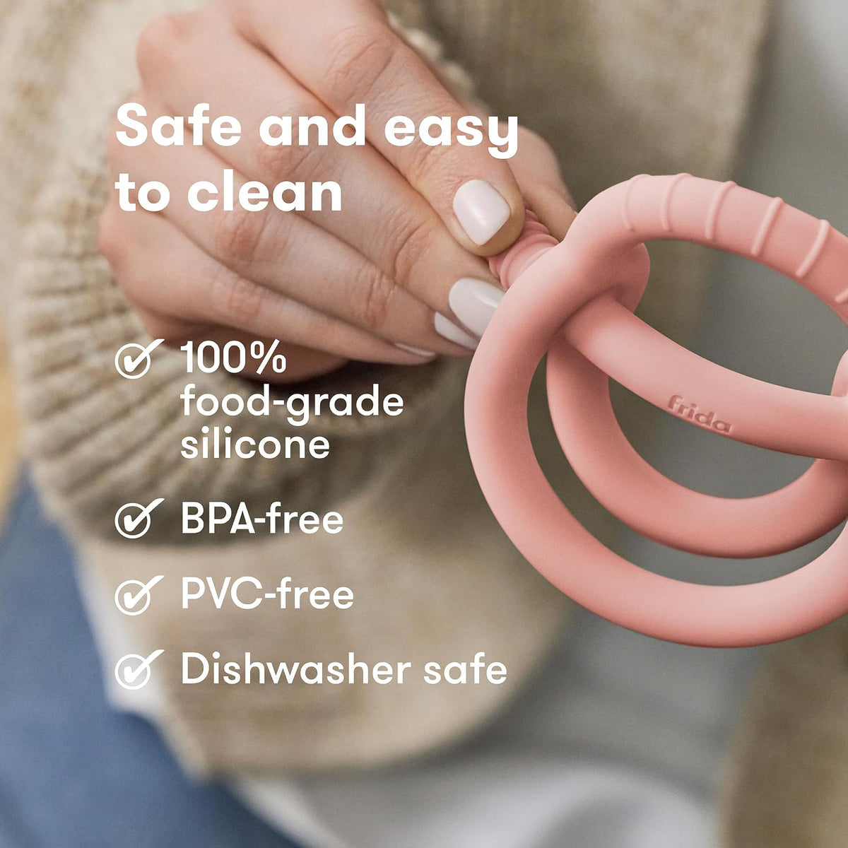 Frida Baby Get-A-Grip - Mordedor de silicona 100% de grado alimenticio para bebés de 0 a 6, 12 y 18 meses