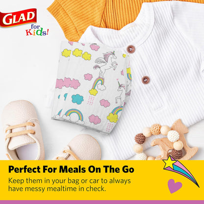 Glad for Kids - Baberos desechables de papel de unicornio con recogedor de migas para alimentar, absorbentes y a prueba de fugas, artículos imprescindibles para comidas sin desorden, 30 unidades