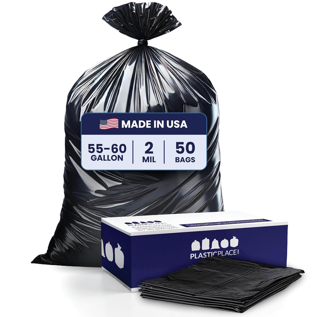 Aluf Plastics Plasticplace Bolsas de Basura de 55 a 60 galones │ 2.0 Mil │ Revestimientos Negros para Basura Resistentes │ 36 x 58 Pulgadas, 50 Unidades, Negro (Paquete de 1)