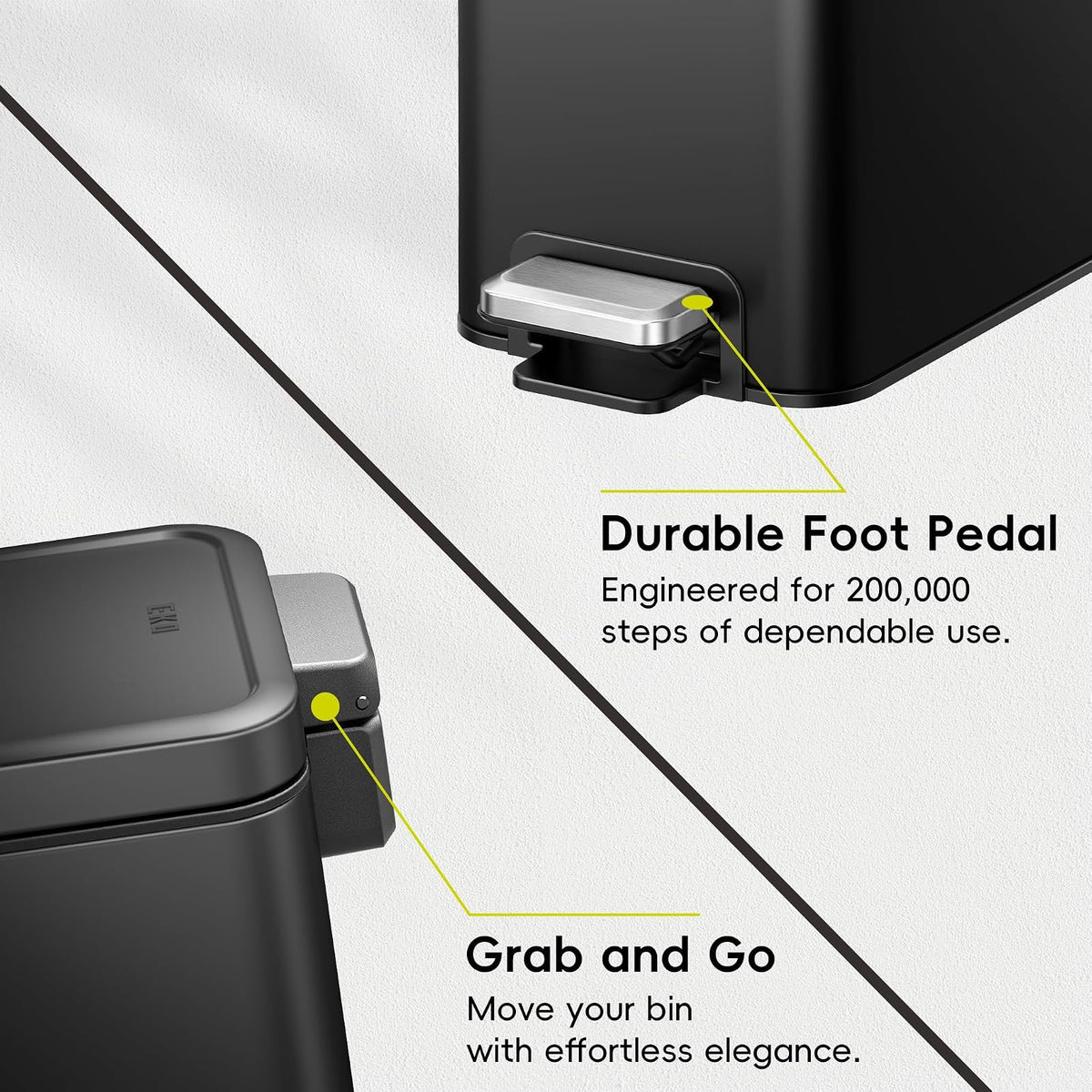 EKO - Bote de basura pequeño para baño con tapa, cierre suave, pedal de paso, cubeta de basura de acero inoxidable de 10 litros/2.6 galones con cubeta interior extraíble, acabado antihuellas (negro