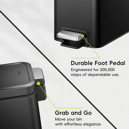 EKO - Bote de basura pequeño para baño con tapa, cierre suave, pedal de paso, cubeta de basura de acero inoxidable de 10 litros/2.6 galones con cubeta interior extraíble, acabado antihuellas (negro