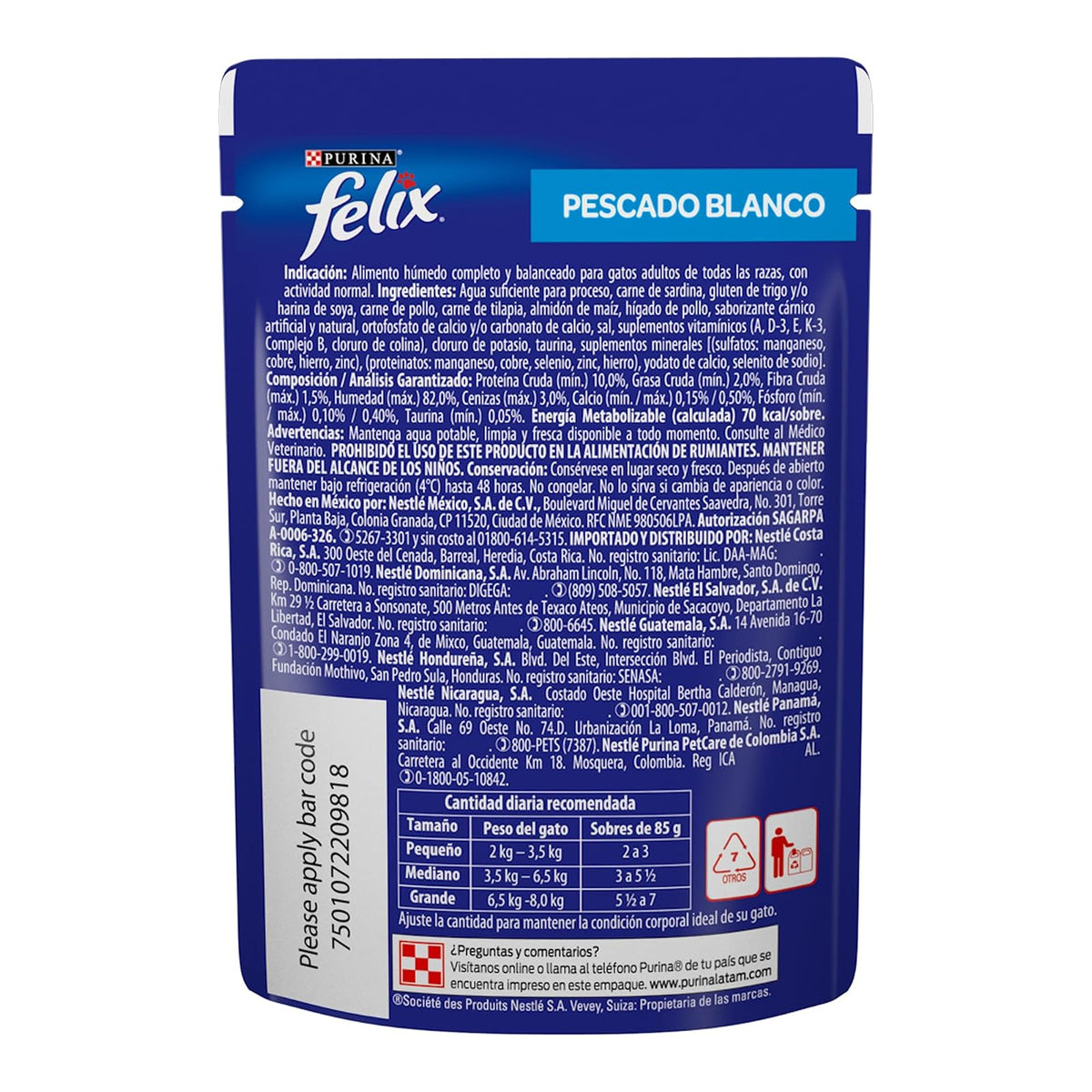 Purina Felix Adulto Todos los Tamaños Sabor Pescado Blanco 24pack de 85g
