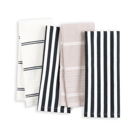 Kate Spade New York Botanical Stripe Juego de 4 Toallas de Cocina absorbentes, 100% algodón, Negro/Beige, 17 x 28 Pulgadas