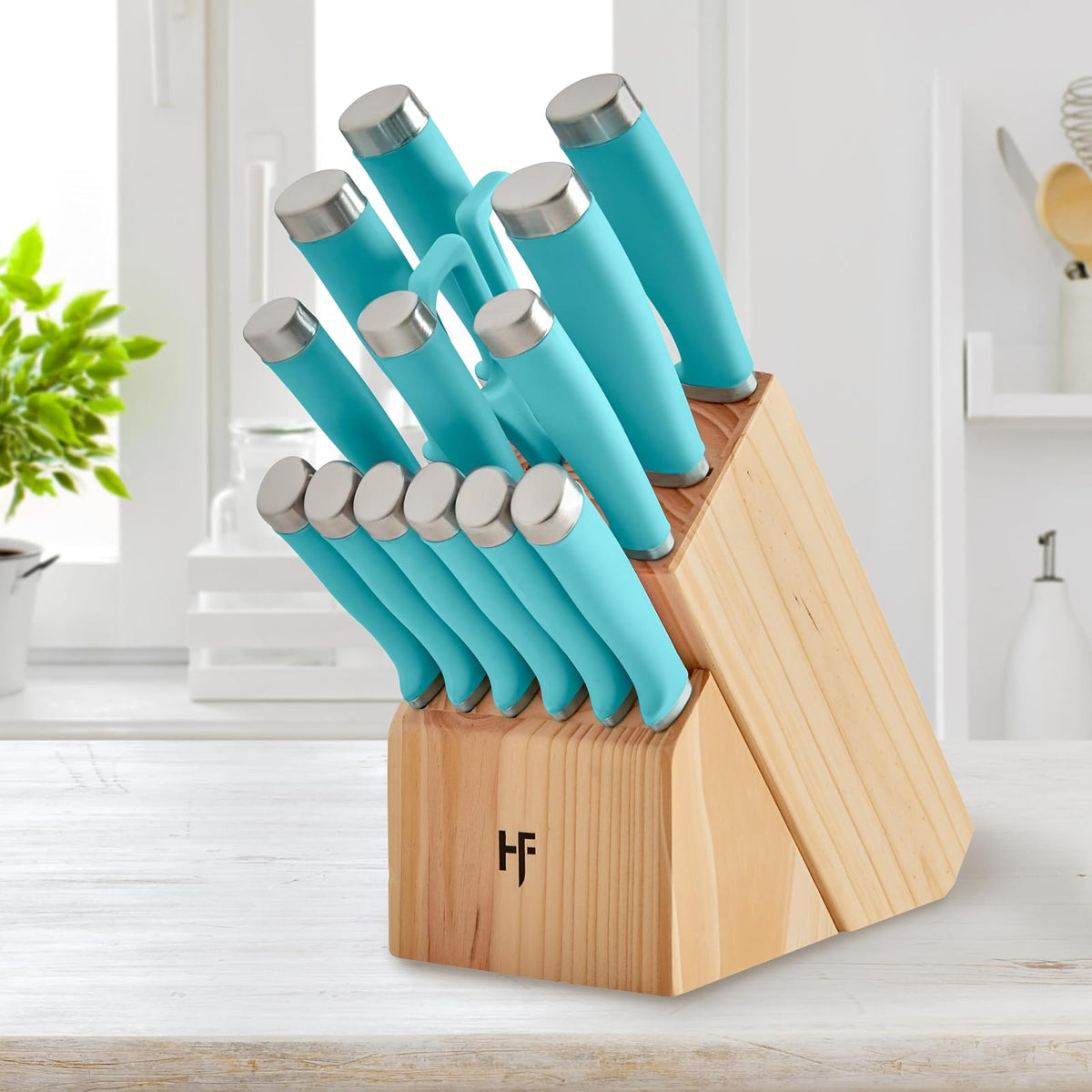 Hampton Forge Set de Cuchillos Epicure True Aqua 15 Piezas con Bloque de Madera, Acero Inoxidable, Lavado a Mano