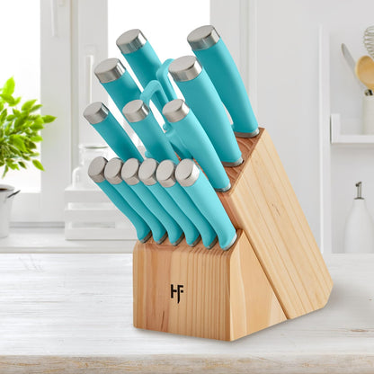 Hampton Forge Set de Cuchillos Epicure True Aqua 15 Piezas con Bloque de Madera, Acero Inoxidable, Lavado a Mano
