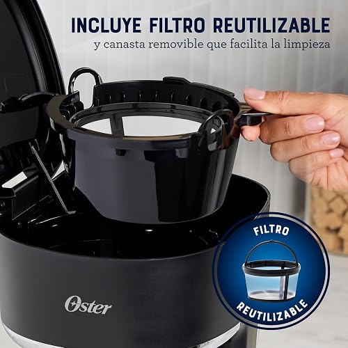 Oster Cafetera de Goteo Programable Capacidad 5 Tazas, Pantalla LED | Función Pausa y Servir, Apagado Automático, Filtro Reutilizable, Jarra con Medidas, Negro,