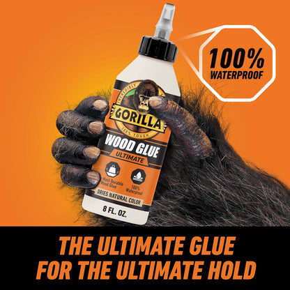 Gorilla Ultimate - Pegamento impermeable para madera, color de madera natural, 8 onzas (paquete de 1) - Impermeable para proyectos y reparaciones en interiores o exteriores