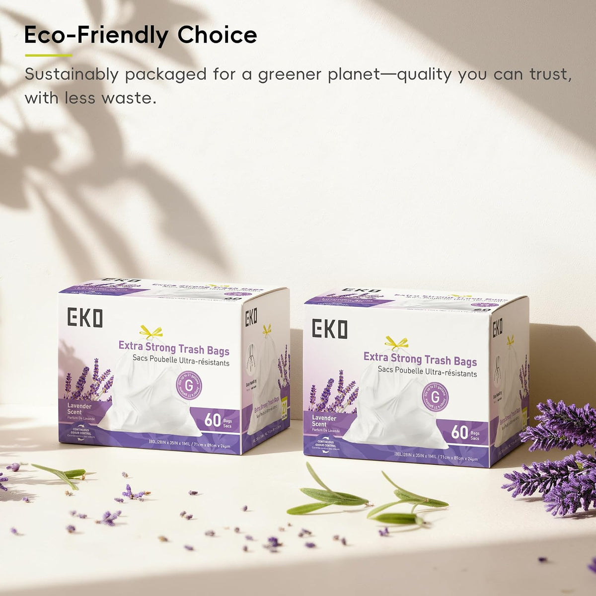 EKO - Bolsas de basura de 21 galones, 50-90 litros, 60 unidades con cordón, bolsas de basura extra fuertes, aroma a lavanda con control continuo de olor, rollo de fácil dispensación para cocina y uso