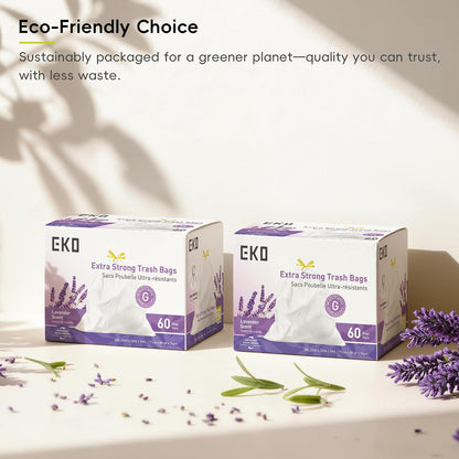 EKO - Bolsas de basura de 21 galones, 50-90 litros, 60 unidades con cordón, bolsas de basura extra fuertes, aroma a lavanda con control continuo de olor, rollo de fácil dispensación para cocina y uso
