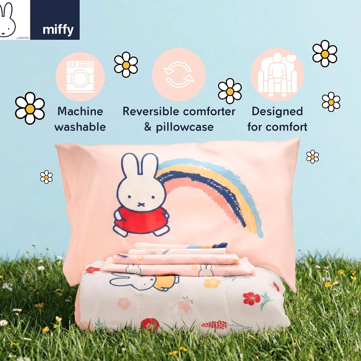 Franco Collectibles - Juego de Ropa de Cama Miffy, tamaño matrimonial, 7 Piezas, edredón Reversible y Esponjoso, con Funda (Producto 100% con Licencia Oficial)