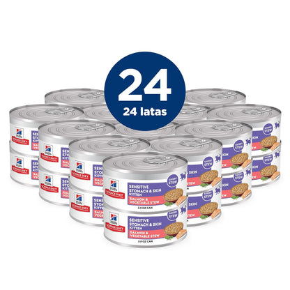 Hill's Alimento Húmedo para Gatito Sabor Salmón 24 Pack 59G | Alimento húmedo Hill's para gato, salmón real, piel y estómago sensible, alta digestibilidad, barrera cutánea sana